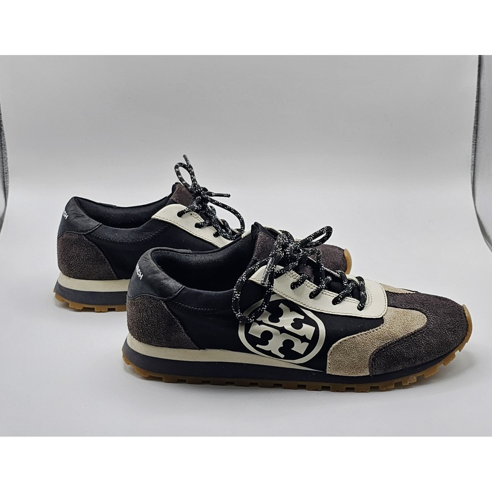 Tory Burch Annie Nylon Runner Shoes Sneakers Black Beige‎ Gray womens Size 7.5
